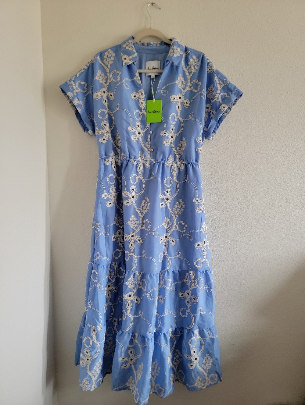 NWT Sam Edelman Short Sleeve Collar Rope-Embroidered Eyelet Maxi Dress Size 14 - Picture 2 of 8